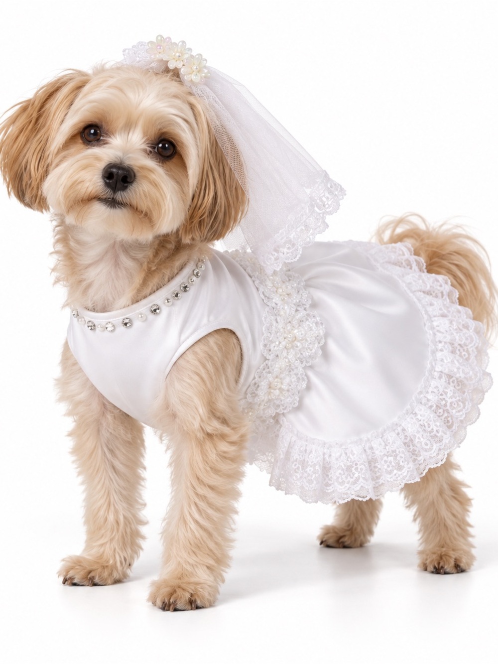 Elegant White Lace Pet Dress with Veil - Bridal Dog Outfit